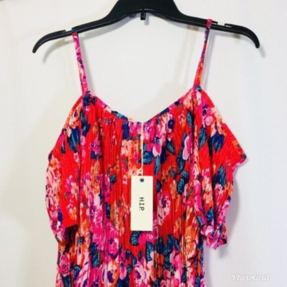 H.I.P. Womens Pink Floral Cold Shoulder Short Sleeve Crinkle Blouse Sz XS New - Picture 8 of 9
